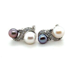 925 Silver Faux Black/White Pearl/ Cz Earrings